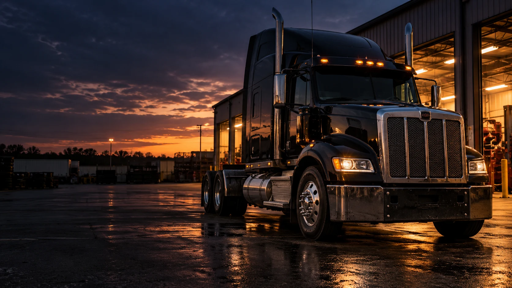 Heavy-duty truck in an industrial service yard at dusk